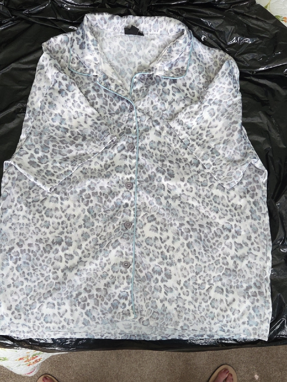 Tahari Leopard-Print Polyester  Pajama Top and Bottom in Light Gray and Cream